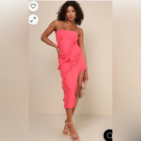 open lace back dress Soletta Coral Pink Tropical Midi Dress